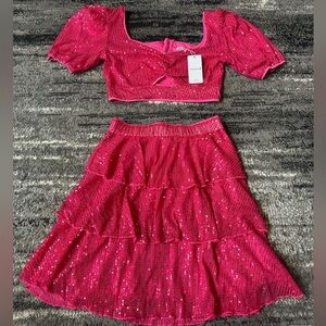 GLAMAKER Hot Pink Sequin Ruffle Skirt And Crop Top Set